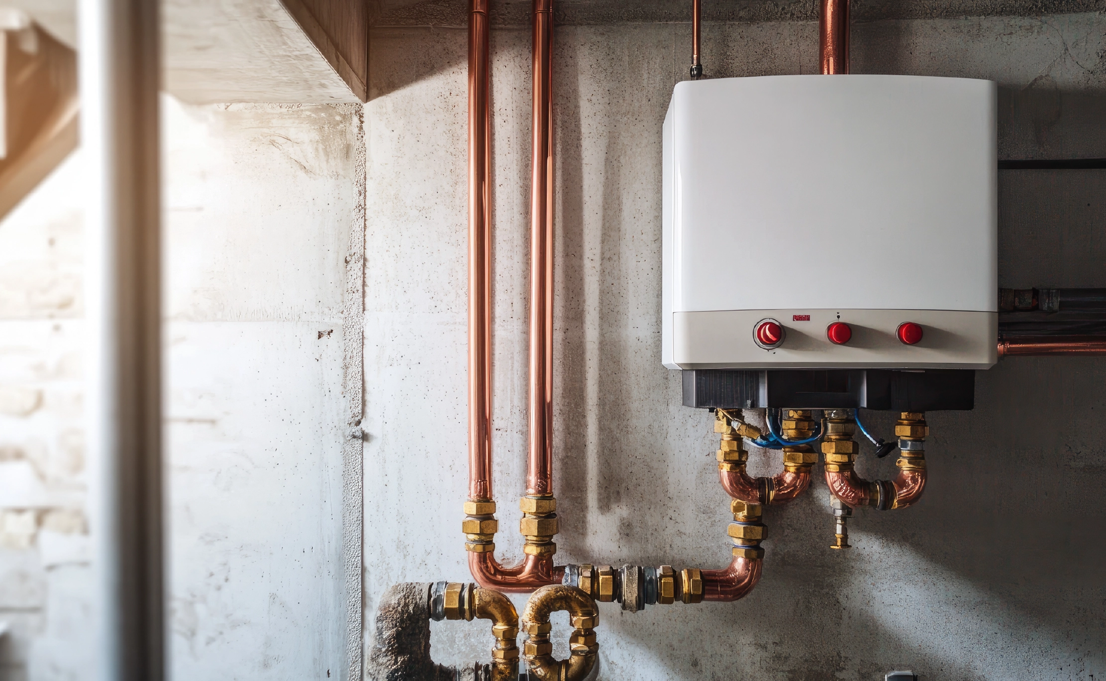 A modern tankless water heater, featuring copper pipes and a sleek design, installed in a neat basement