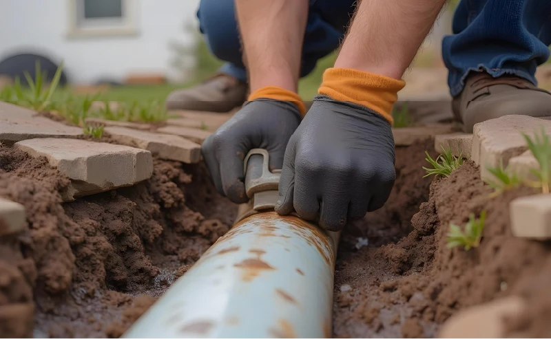 Person wearing gloves uses a pipe wrench to repair a metal pipe in a trench outdoors, surrounded by soil and paving stones—working to resolve sewer line clogs efficiently.