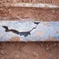 A close-up view of a damaged sewer line metal pipe with a large crack, partially covered in soil.