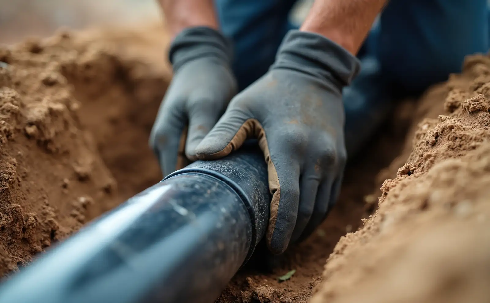 Construction worker install pipe in trench.
