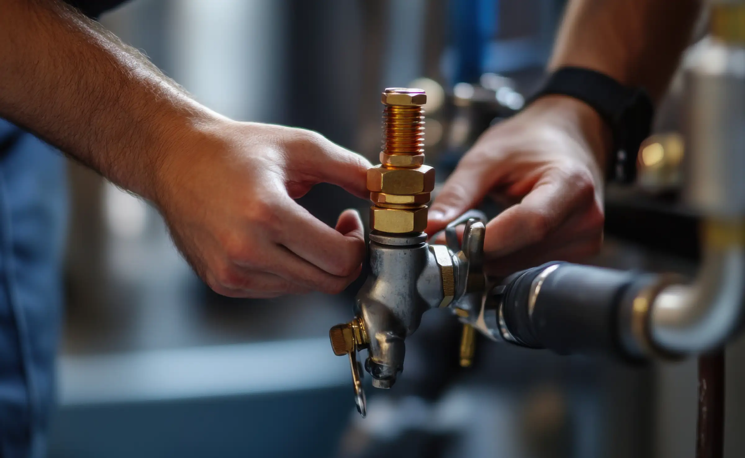 Plumber inspecting a gas line in a house.